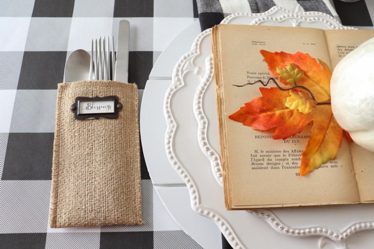 fall place setting on buffalo place table runner with natural and fall colors