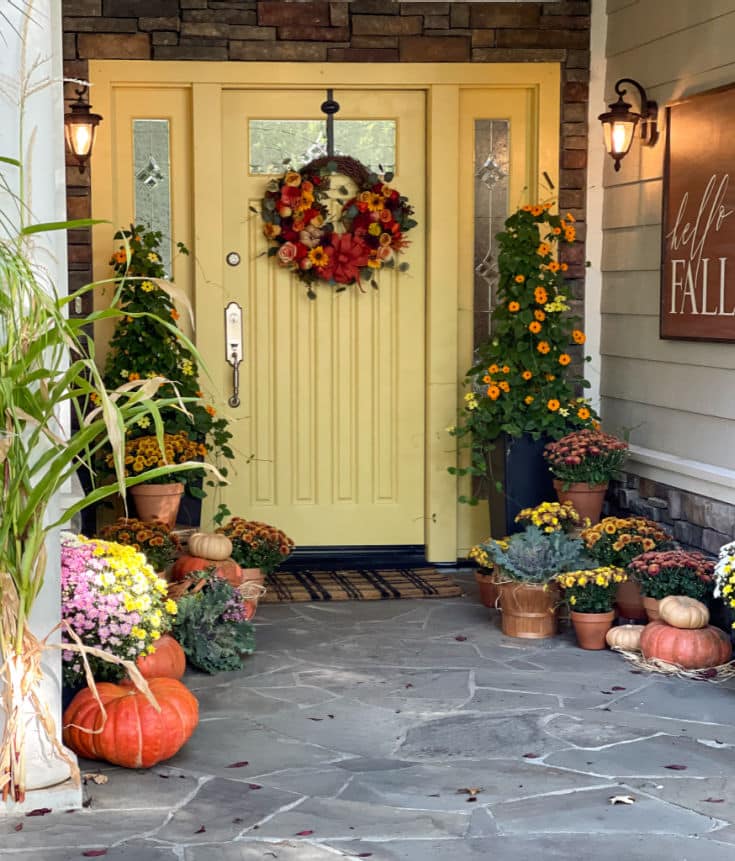 Beautiful fall front door with fall topiary pumpkins and mums