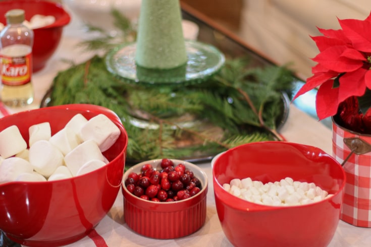 Supplies for marshmallow topiary tree in red bowls including marshmallows and cranberries