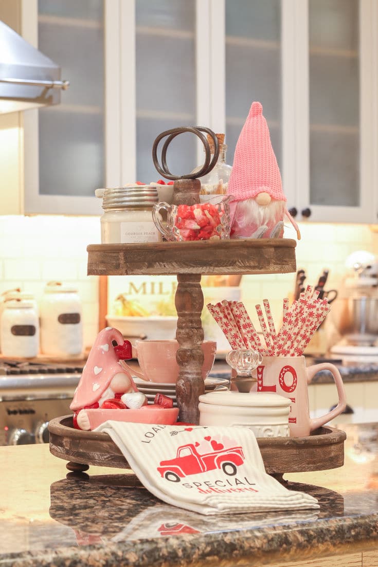 Tiered tray is perfect to decorate kitchen island for valentines day