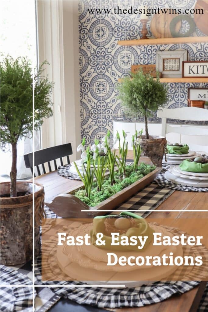 Sun filled Easter table with fast and easy Easter decorations with faux flowers and topiary trees
