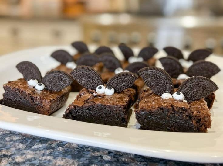 Fun Halloween Bat Brownies made with Halloween Oreos and brownies and googlie eyes