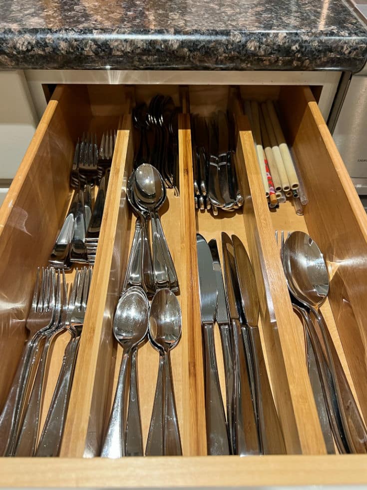 After photo of silverware drawer now shows function and beauty united with bamboo drawer dividers in place.