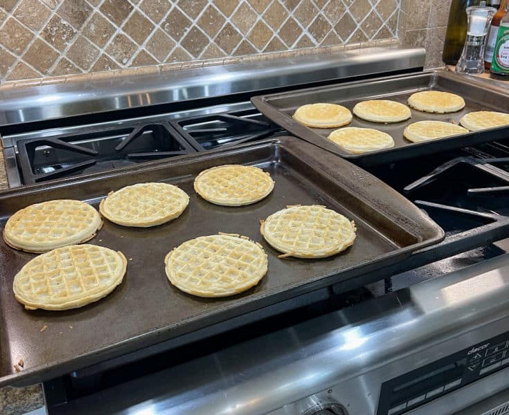 cooking frozen waffles in the oven on a sheet pan to save time!