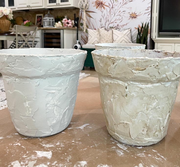 faux stone pots before and after antiquing effect