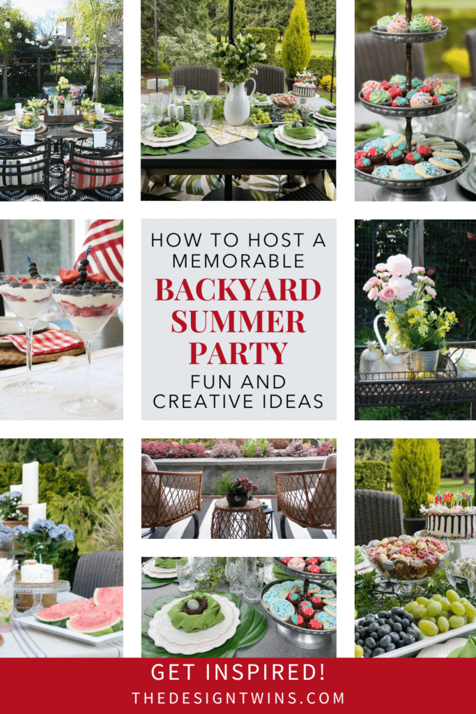 backyard summer party ideas featuring food, summer themed tablescapes and backyard decor