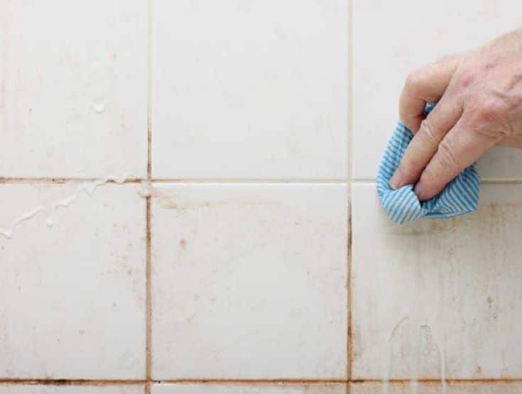 cleaning mould and mildew from bathroom shower tile with a cloth