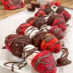 dessert kabobs with strawberries, marshmallows, mini brownie bites and finished with chocolate drizzle