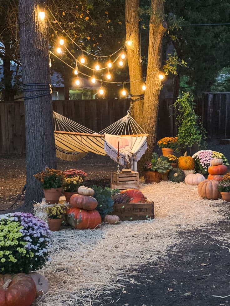 DIY outdoor fall decor. A hammock gently suspended between two sturdy trees, string lights crisscross above, creating a magical ambiance. The earthy aroma of hay fills the air, mingling with the fragrance of mums that blossom in an array of colors. Amidst pumpkins, this inviting retreat to savor the wonders of fall.
