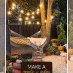 a hammock gently suspended between two sturdy trees, string lights crisscross above, creating a magical ambiance. The earthy aroma of hay fills the air, mingling with the fragrance of mums that blossom in an array of colors. Amidst pumpkins, this inviting retreat to savor the wonders of fall.