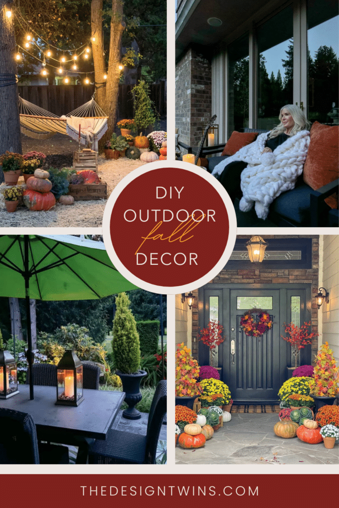 DIY outdoor fall decor ideas featuring a hammock, porch, and patio furniture all styled for fall with comfy textiles and romantic lighting