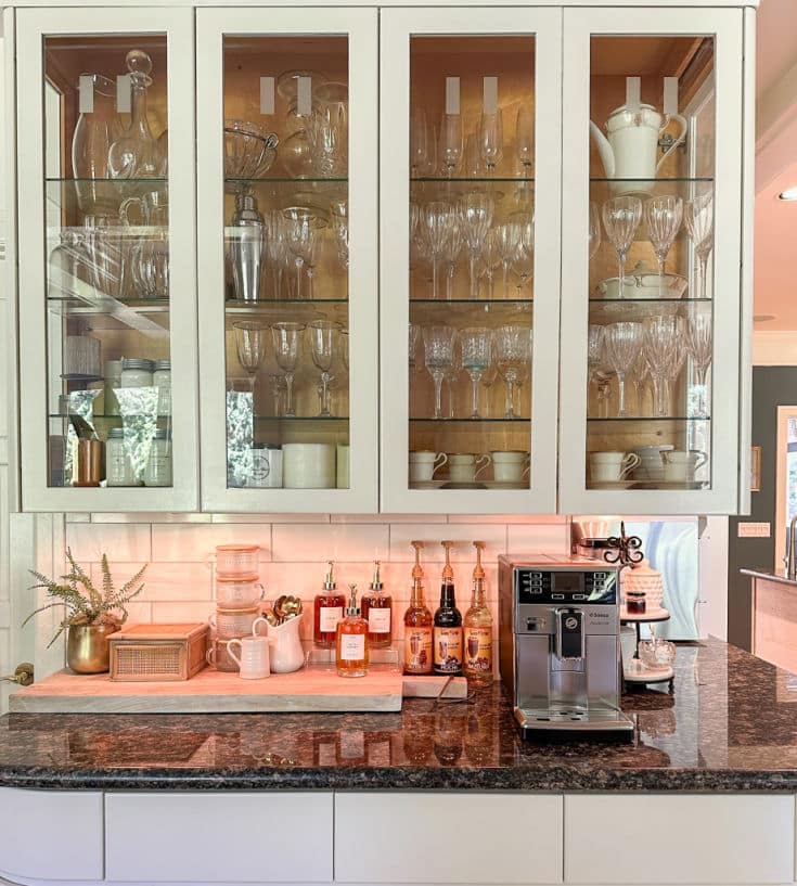 Coffee Bar and drink station includes coffee syrups, tea, espresso machine and more!