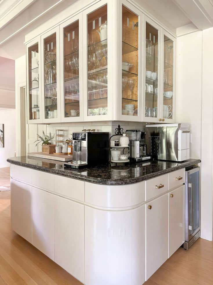 DIY Coffee bar with coffee maker, espresso maker, ice machine and mini fridge
