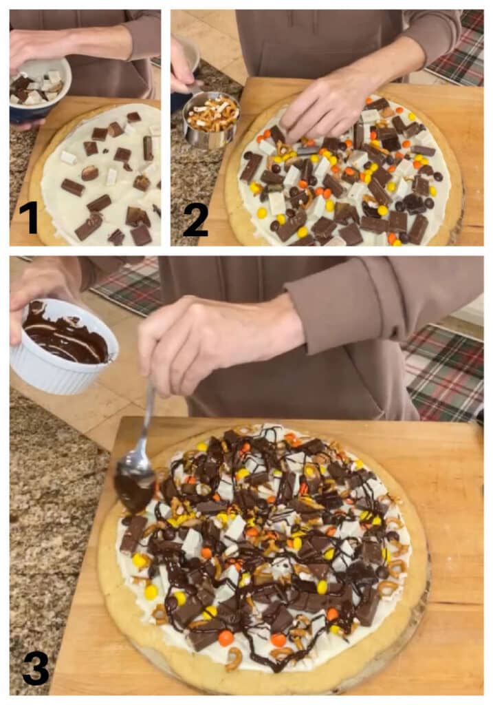 how to make a homemade Dessert Pizza, featuring a golden-brown sugar cookie crust adorned with an assortment of leftover Halloween candy and treats, then finished with a luxurious milk chocolate drizzle.