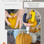 A step-by-step photo tutorial demonstrating the process of wrapping a faux pumpkin with braided yarn