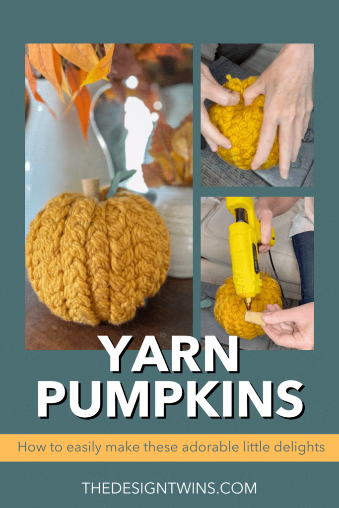 A step-by-step photo tutorial demonstrating the process of wrapping a faux pumpkin with yarn.