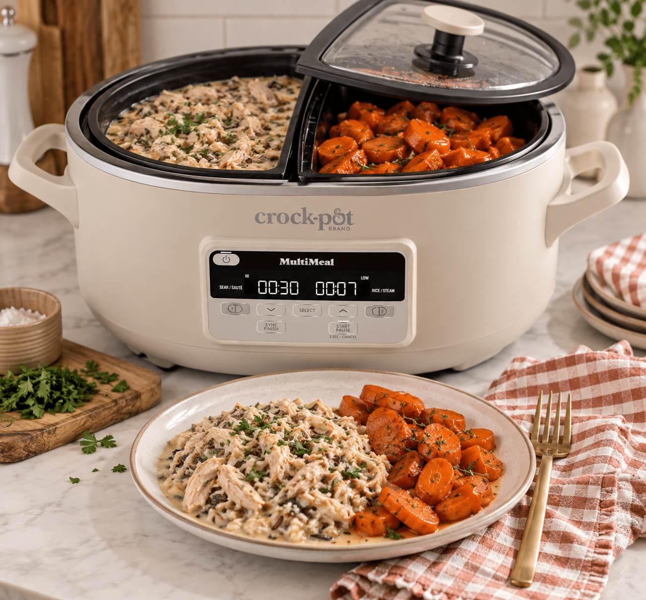 Creamy chicken and wild rice with maple glazed carrots cooked side by side in a dual Crock-Pot.